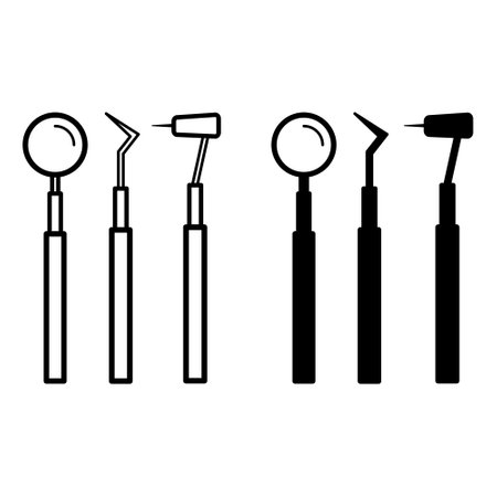 Dental Tools Icons. Black and White Vector Icons of Oral Examination Instruments. Dental care and treatment. Medicine and Dentistry Conceptのイラスト素材