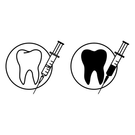 Syringe icons. Black and White Vector Icons of Syringe with Medicine and Tooth. Dental care and treatment. Medicine and Dentistry Conceptのイラスト素材