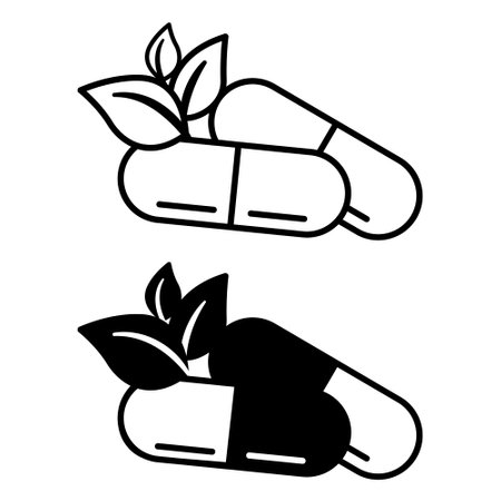 Herbal Medicine Icons. Black and White Vector Icons of Medicines Made from Herbs. Natural Organic Supplements, Dietary Supplements. Wellness Conceptのイラスト素材