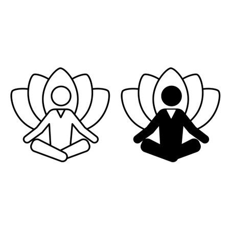 Meditation icons. Black and White Vector Icons of a Man Sitting in the Lotus Pose. Yoga. Relaxation Exercise. Wellness Conceptのイラスト素材