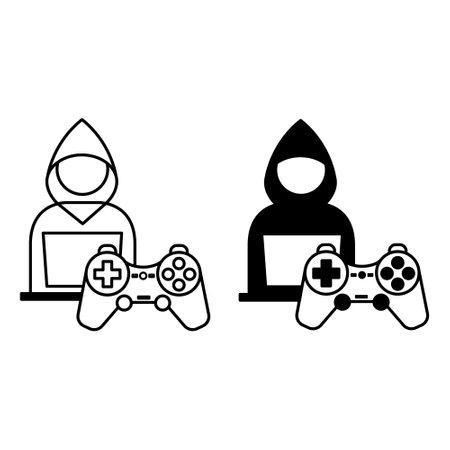 Player Icons. Black and White Vector Icons. Gamer with Laptop and Game Console, Joystick. Computer Games Conceptのイラスト素材