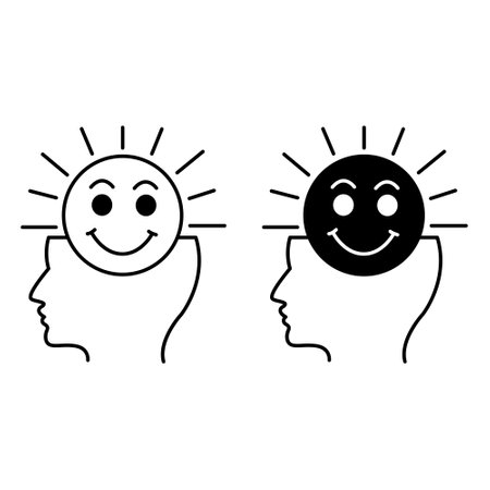Positive Thinking Icons. Black and White Vector Icons. Human Head and Smiling Sun. Positive Thoughts, Peace, and Mental Balance. Psychologyのイラスト素材