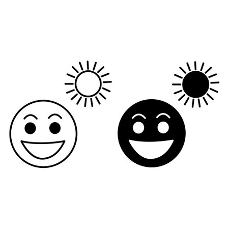 Optimism icons. Black and White Vector Icons of Human Face with Smile and Sun. Mental Health. Positive Thinking Conceptのイラスト素材