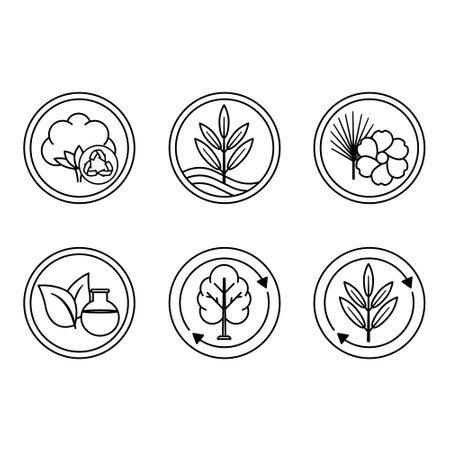 Icons of Textile Fibers on a Natural Basis. Vector Labels, Tags for Packaging. Recycled Cotton, Modal Fabric, Rayon, Cupro, Viscose, Lyocell. Natural Fabric Conceptのイラスト素材