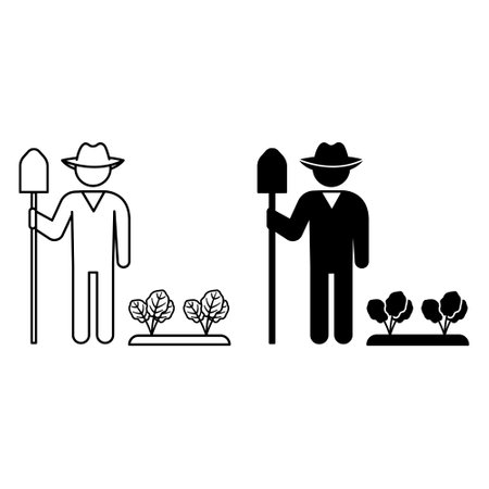 Farmer icons. Black and White Vector Icons. Man in a Hat and with a Shovel in the Garden. Natural and Environmentally Friendly Product. Organic Farming Conceptのイラスト素材