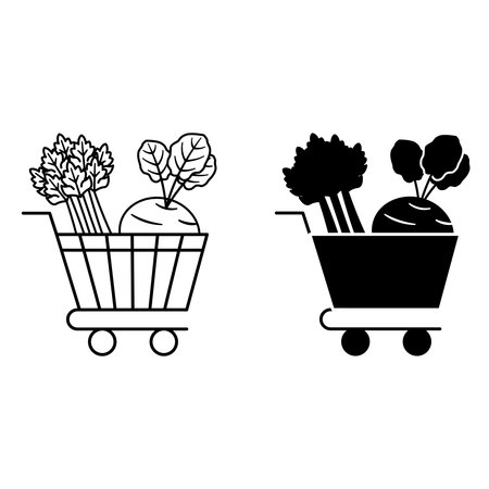 Organic Market Icons. Black and White Vector Icons of Trolleys with Products. Natural and Environmentally Friendly Product. Organic Farming Conceptのイラスト素材