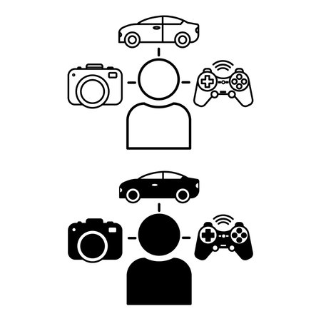 Hobbies icons. Black and White Vector Icons. Person Passionate about Photography, Cars, and Video...