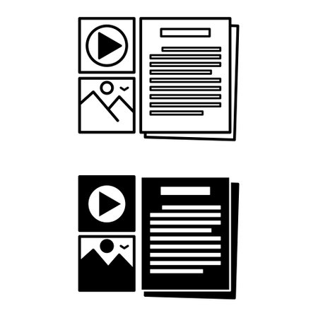 Content Creation Icons. Black and White Vector Icons. Media, Photo, and Text. Information Uploaded on Social Networks. Blogger Concept&#xD;&#xA;のイラスト素材