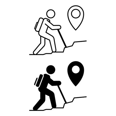Hiking icons. Black and White Vector Icons. Tourist with Backpack Climbing to the Top of the Mountain. Location Sign. Camping and Tourism Conceptのイラスト素材