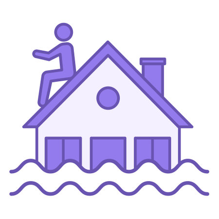 Flooding Color Icon. Vector Icon. Man Escaping from Flood on the Roof of His House. Environmental Issue. Climate Change Conceptのイラスト素材