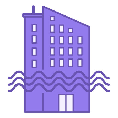 Sea Level Rise Color Icon. Vector Icon Flood. Multi-Storey Building Goes Under Water. Ecological Problem. Climate Change Conceptのイラスト素材