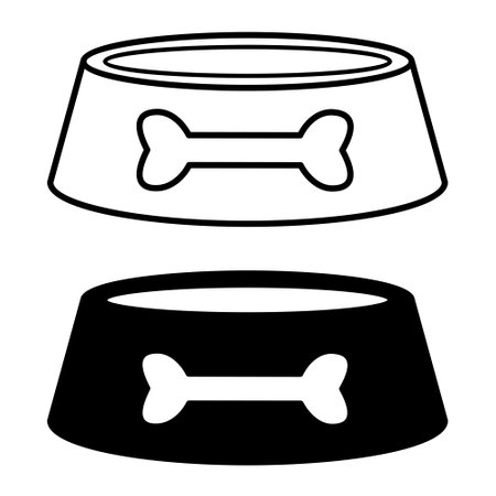 Pet Bowl Icons. Black and White Vector Icons. Food Bowl with Bone Drawn. Dog Food Accessory. Pet Conceptのイラスト素材