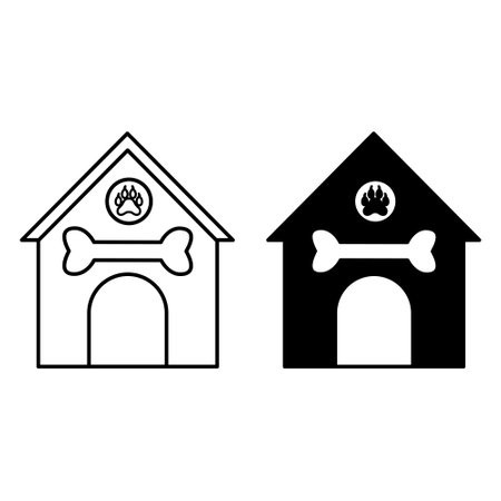 Pet House Icons. Black and White Vector Icons. Dog House with Paw and Bone. The place for Pet to Sleepのイラスト素材