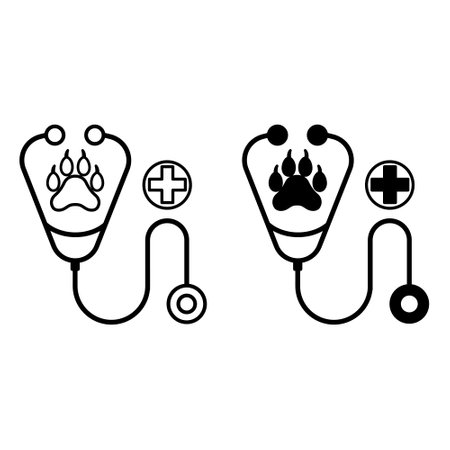 Veterinarian Icons. Black and White Vector Icons. Stethoscope, Animal Paw, and Cross. Animal Treatment, Veterinary Clinic. Pets Concept&#xD;&#xA;のイラスト素材