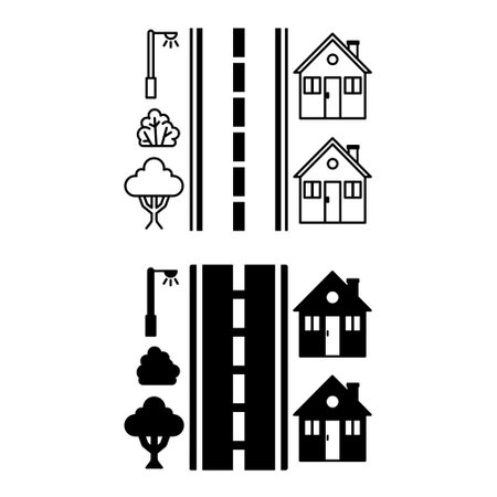Street Icons. Black and White Vector Icons. Houses Along Highway, Trees, and Street Light. Road Conceptのイラスト素材