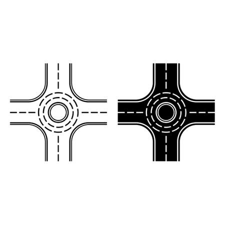 Roundabout Icons. Black and White Vector Icons. One-Way Road Around. Roundabout Intersection. Road Conceptのイラスト素材