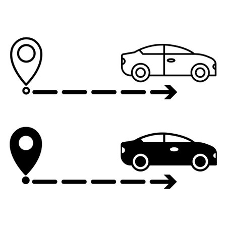 Icons Itinerary. Black and White Vector Icons. Car Distance. Navigation, Location Sign. Road Conceptのイラスト素材