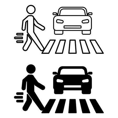 Crosswalk Icons. Black and White Vector Icons. Pedestrian Walking on Crosswalk Past Parked Car. Road Traffic Rules. Road Concept&#xD;&#xA;のイラスト素材