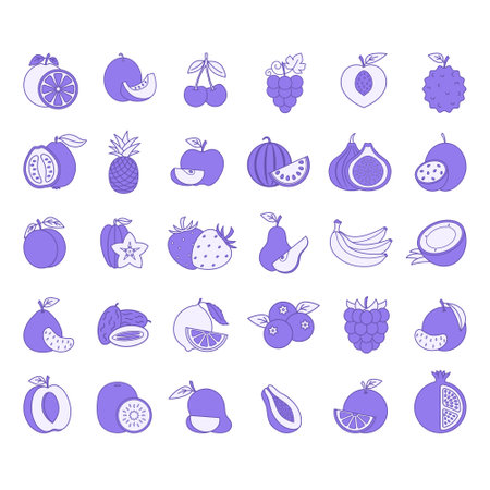 Color Fruit Icon Set. Vector Icons of Apple, Pear, Kiwi, Watermelon, Orange, Peach, Apricot, Passion Fruit, Pineapple, Fig, Strawberry, Pomelo, Banana, Raspberry, Mango and Moreのイラスト素材