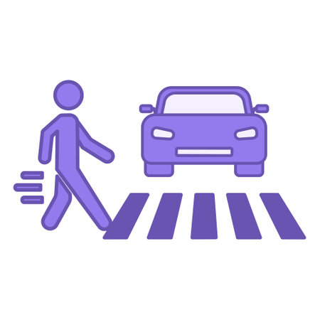 Crosswalk Color Icon. Vector Icon. Pedestrian Walking on Crosswalk Past Parked Car. Road Traffic Rules. Road Conceptのイラスト素材