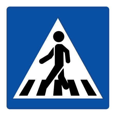 Blue Pedestrian Crossing Sign. Square Road Sign. Man Crossing the Road on Zebra. Vector Iconのイラスト素材