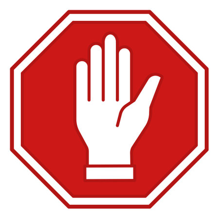 Red Stop Sign. Prohibitory Road Sign. Human Hand Raised Up. Vector Iconのイラスト素材