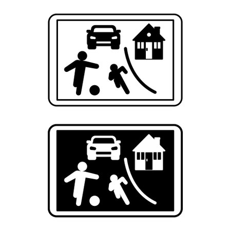 Residential Area Signs. Square Road Signs. House, Car, and Kids Playing Football. Black and White Vector Icons&#xD;&#xA;のイラスト素材
