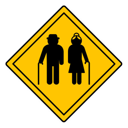 Yellow Sign Elderly. Warning Road Sign. Elderly People Crossing Road. Vector Iconのイラスト素材