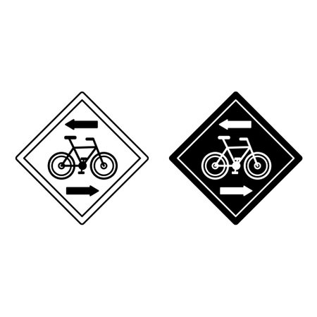 Signs Contraflow Bicycle Lane Crossing. Warning Road Signs. Bicycle And Arrows. Black And White Vector Iconsのイラスト素材