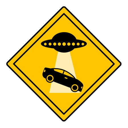 Yellow Sign No Parking. Humorous Road Sign. UFO Takes Car, Alien Ship. Vector Iconのイラスト素材