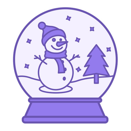 Colored Snow Globe Icon. Vector Icon. Happy Snowman in Hat and Scarf, Christmas Tree and Snow. Christmas and Holiday Conceptのイラスト素材