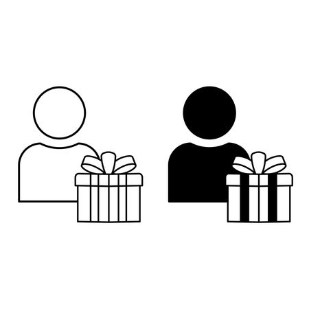 Gift Icons. Black and White Vector Icons. Man Holding Gift Box. Holiday Conceptのイラスト素材