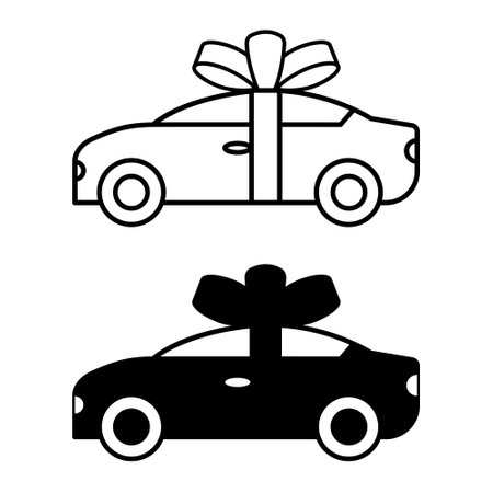 New Car Icons. Black and White Vector Icons. Buying a New Vehicle. Car in Gift Wrap. Holiday and Shopping Conceptのイラスト素材