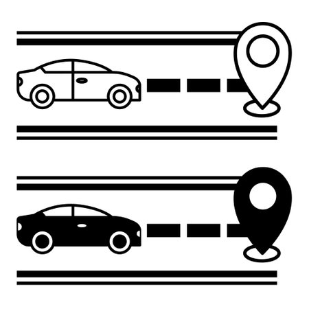 Icons Journey. Black and White Vector Icons. Car Drives Along Road to Specific Geolocation Point. Adventure and Travel Conceptのイラスト素材