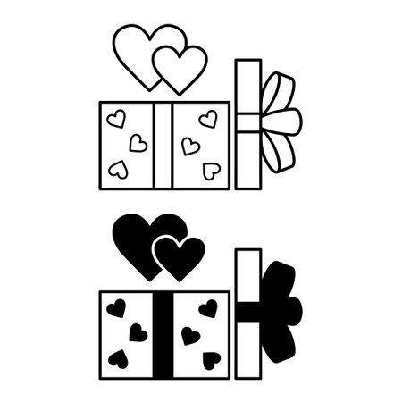 Love Gift Icons. Black and White Vector Icons. Opened Gift Box with Bow and Hearts. Valentine's Day. Holiday Conceptのイラスト素材