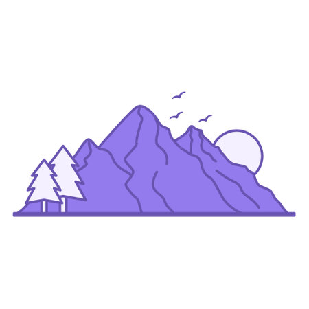 Mountain Colored Icon. Vector Icon. Mountains, Trees, Birds and Sun. Adventure and Tourism Conceptのイラスト素材