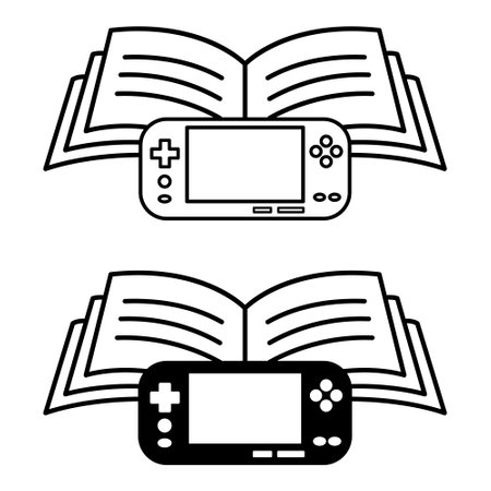 Educational Game Icons. Black and White Vector Icons. Open Book and Game Console, Joystick. Distance Learning in Game Form, Online School, E-Learningのイラスト素材