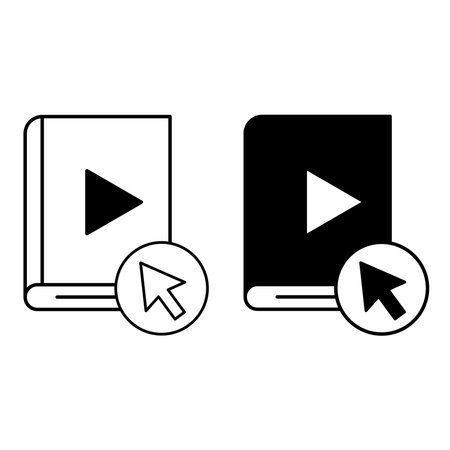 Online Book Icons. Black and White Vector Icons. Book, Play Sign, and Computer Mouse Cursor. Audiobook, E-Book. Online Education Conceptのイラスト素材