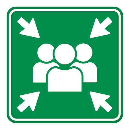 Green Sign Assembly Point. Vector Icon. Emergency Evacuation Symbol. People Assembly Point in Case of Evacuation. Emergency Situationのイラスト素材