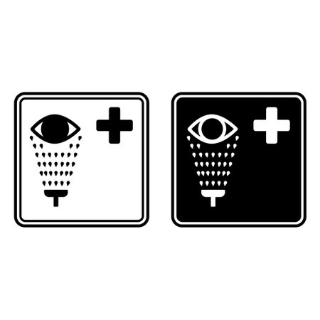 Medical Eye Wash Signs. Black and White Vector Icons. Industrial Safety Sign. Chemical Splash First Aid Emergencyのイラスト素材