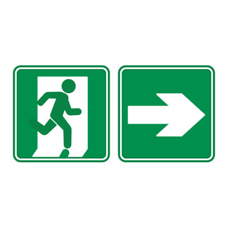 Green Sign Emergency Exit Pointing Right. Vector Icon. Warning Sign. Man Running Towards Door. Emergency Evacuation Symbolのイラスト素材