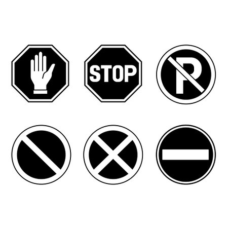 Black Road Signs Prohibiting Parking. Vector Icons. No Parking, Stopping, Waiting, and Entering&#xD;&#xA;のイラスト素材