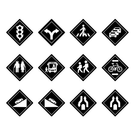 Black Diamond Shaped Road Signs. Vector Icons. Traffic Light, Fork, Crosswalk, Traffic Jam, Elderly, School Bus, Steep Descent and Ascent, and Othersのイラスト素材