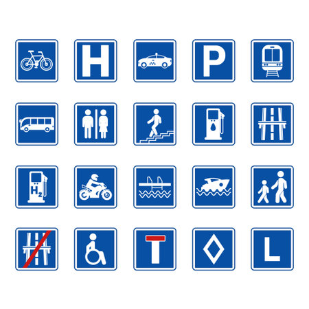 Blue Square Road Signs. Vector Icons. Parking, Train Station, Hospital, Toilet, Bus Stop, Subway, Pool, Pier, Disabled Parking, and Moreのイラスト素材