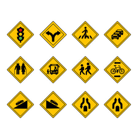 Yellow Diamond Shaped Road Signs. Vector Icons. Traffic Light, Fork, Crosswalk, Traffic Jam, Elderly People, School Bus, Steep Descent and Ascent, and Moreのイラスト素材