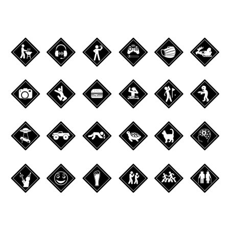Black Humorous Road Signs. Vector Diamond Shaped Icons. BBQ, Music, Selfie, Gamer, Photographer, Burger, Golfer Zone. DJ at Work, Beware of Zombies, No Parking and Moreのイラスト素材