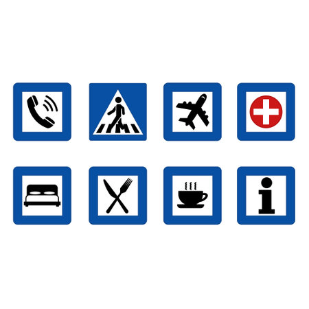 Blue Square Road Signs. Vector Icons. Telephone, Crosswalk, Airport, First Aid. Hotel, Restaurant, Highway Diner and Informationのイラスト素材