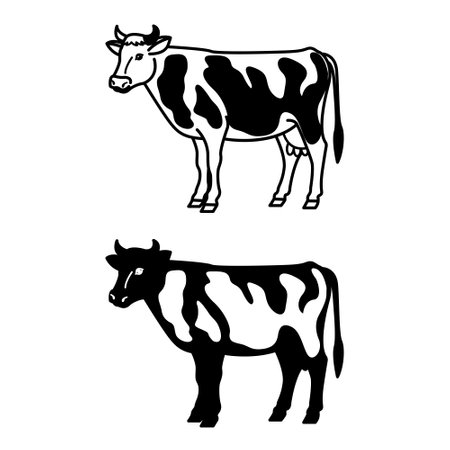Cow Icons. Black and White Vector Illustration. Female Cattle. Agriculture, Farming. Cow with Horns, Tail, and Hooves. For Coloring Book Design. Domestic Animals Conceptのイラスト素材