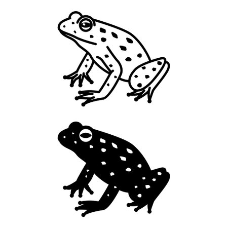 Frog Icons. Black and White Vector Illustrations. Amphibian, Amphibian, Toad. Frog With Big Eyes and Long Legs For Jumping. For Coloring Book Design. Animal Conceptのイラスト素材