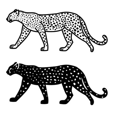 Leopard Icons. Black and White Vector Illustration. Predatory Mammal, Leopard, Wild Cat. Symbol of Ferocity and Fearlessness. For Coloring Book Design. Animal Conceptのイラスト素材